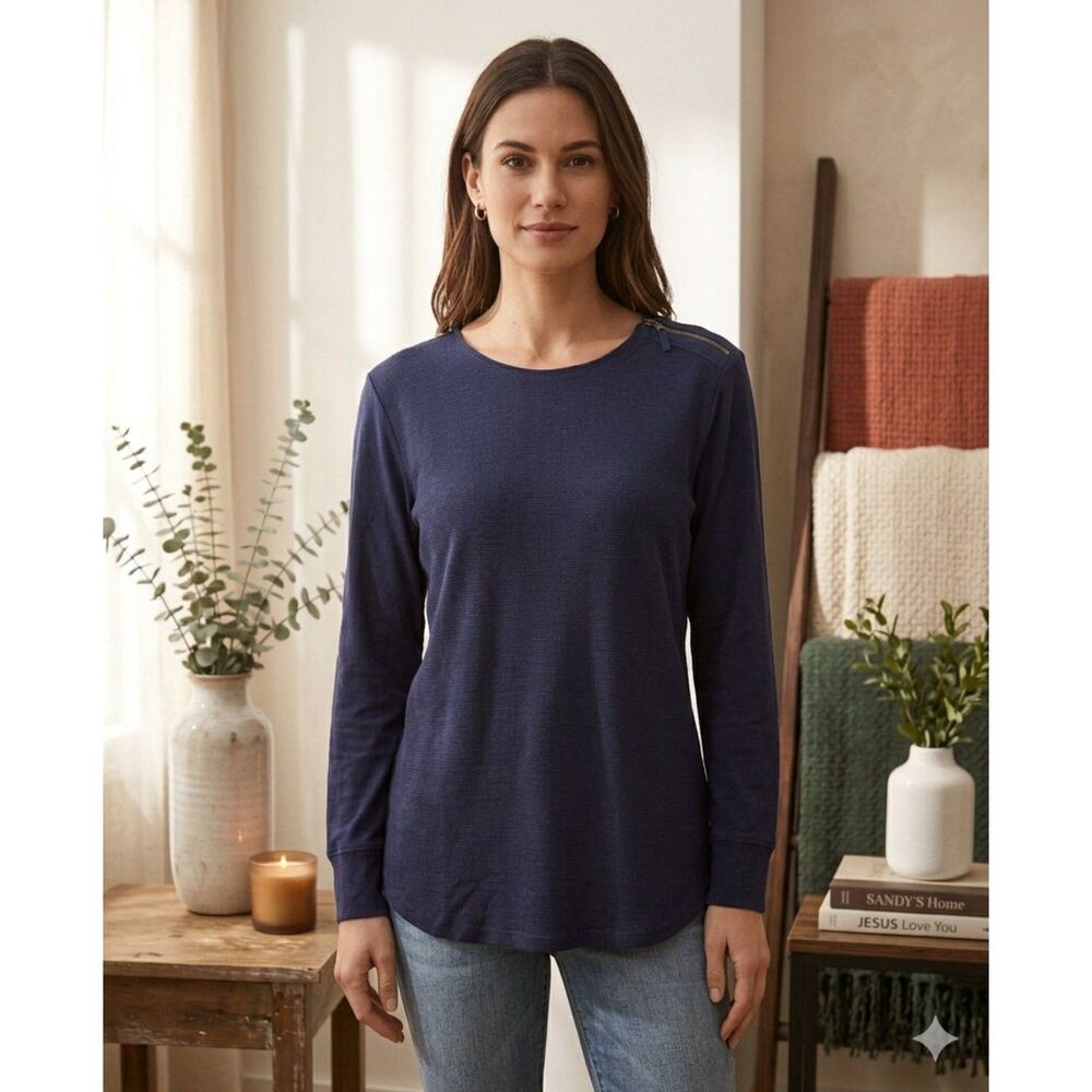 Lauren Ralph Lauren Shouder Zip Top Womens XL Blue Cotton Knit 3/4 Sleeve